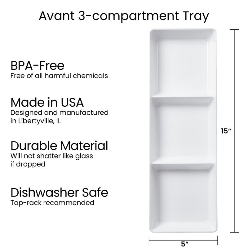 US Acrylic Avant White Plastic Divided Serving Trays (Set of 4) 15â€ x 5â€ | Narrow Reusable 3-Section Party Platters | Serve Appetizers, Fruit, Veggies, & Desserts | BPA-Free & Made in USA - Image 5